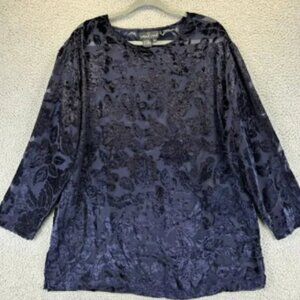 90s Velvet Burnout Top Womens 12 Navy Sheer Cocktail Floral Dressy Carol Little